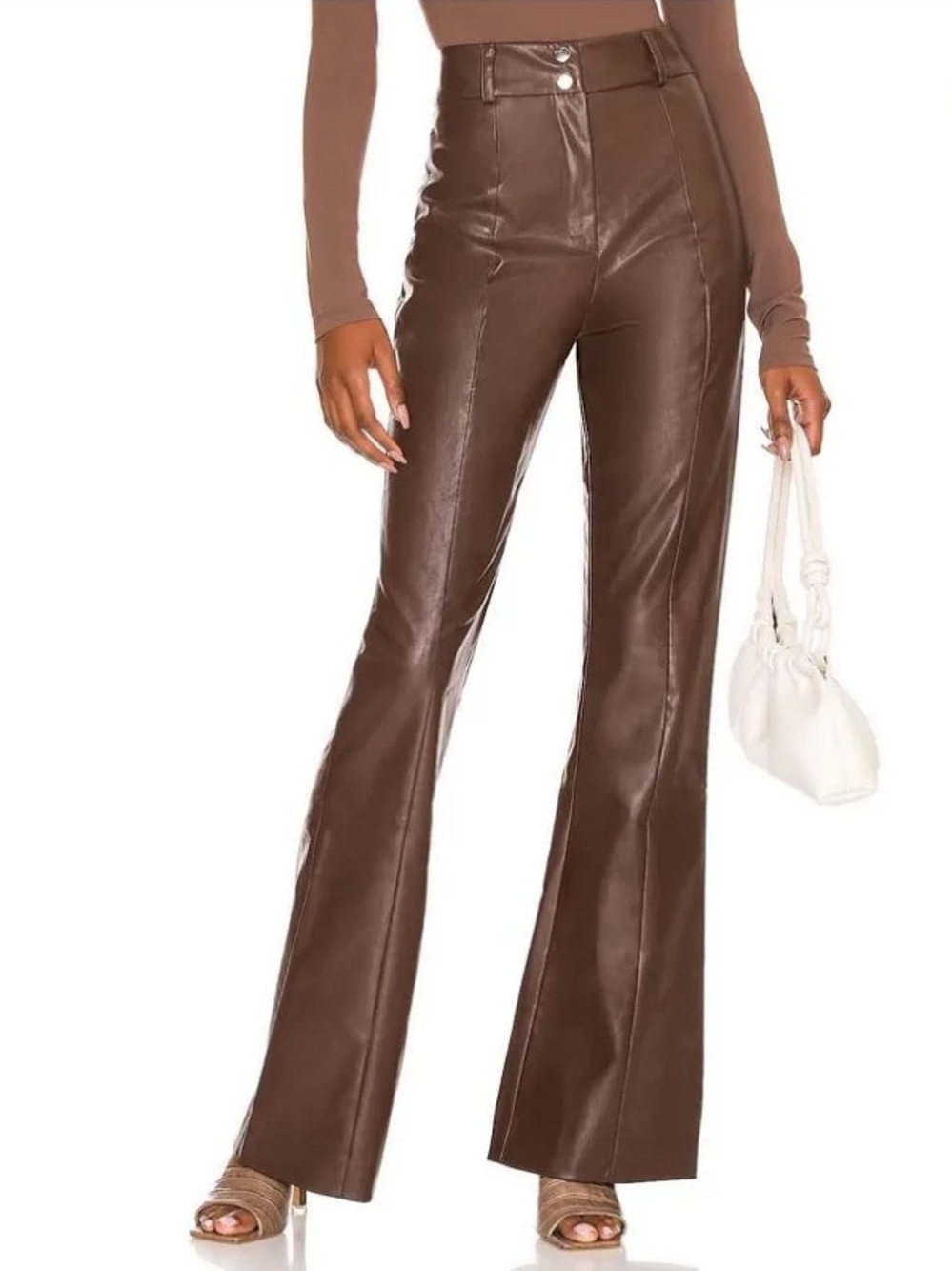 Majorelle Revolve Chocolate Brown Blake Faux Leather Flare High Rise Pants L NWT